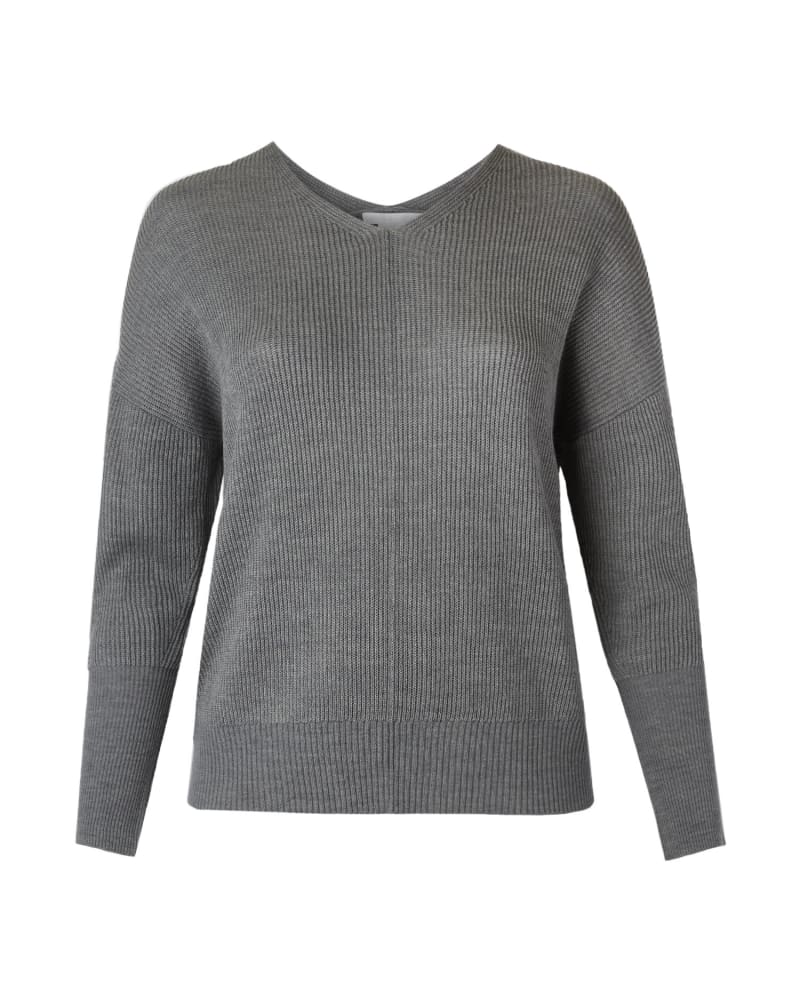 Front of a size 1X Anais Slouchy V-Neck Sweater in Charcoal Grey by Molly & Isadora. | dia_product_style_image_id:248557